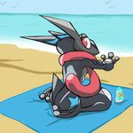  alpacapala amphibian beach breasts female frog greninja looking_at_viewer nintendo outside pok&eacute;mon red_eyes seaside shiny_pok&eacute;mon side_boob sitting sky suntan_lotion tongue tongue_out towel video_games water 