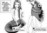 1998 bottomless breasts clothed clothing duo english_text female fish furuya_usamaru half-dressed human humor hybrid mammal marine mermaid nipples plain_background reverse_mermaid smile take_your_pick text the_mermaid_problem topless what white_background 