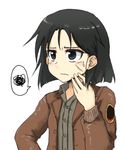  black_eyes black_hair brave_witches dress_shirt hand_on_own_face jacket kanno_naoe long_sleeves makaze_(t-junction) scar shirt short_hair solo spoken_squiggle squiggle sweatdrop world_witches_series 