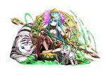  adachi_yousuke animal anklet barefoot blue_eyes blue_hair breasts cauchemar_(p&amp;d) cleavage cross_eyed downscaled facial_mark flower forehead_mark full_body hair_flower hair_ornament image_sample indian_style jewelry large_breasts long_hair lotus lotus_pedestal md5_mismatch official_art parvati_(p&amp;d) polearm puzzle_&amp;_dragons resized sitting solo tiger twitter_sample weapon white_tiger 