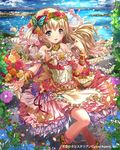  apron basket blonde_hair blue_eyes blush bouquet bracelet butterfly_hair_ornament day dress flower frills hair_flower hair_ornament hair_ribbon head_wreath jewelry long_hair multicolored_hair ocean official_art petals pink_hair ribbon rose sakiyamama sky sleeveless sleeveless_dress smile solo tenkuu_no_crystalia two-tone_hair veil 