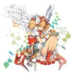  absurdres ankle_boots antenna_hair artist_name blue_eyes boots dated drill_hair feathered_wings flower frills full_body highres honey_bee_(bancoth) leg_hug legs_together long_hair orange_hair original petticoat puffy_short_sleeves puffy_sleeves short_sleeves sitting solo twin_drills wings 