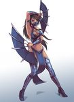  armlet between_fingers black_hair blue_legwear breasts cleavage cleavage_cutout fan fighting_stance folding_fan full_body groin high_heels highres holding hybridmink kitana long_hair mask medium_breasts mortal_kombat navel ninja red_eyes solo standing thighhighs 