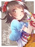  ;o akagi_miria belt bow bracelet brown_hair gloves hair_bow happy_birthday idolmaster idolmaster_cinderella_girls jewelry lace-up_top one_eye_closed short_hair short_twintails solo twintails usamata 