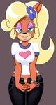  blonde_hair breasts coco_bandicoot cowboy_shot crash_bandicoot denim ears face furry green_eyes hair hair_accessory hair_ornament hands hands_together heart jeans mouth nipples nose panties pants pink_eyelids pointy_ears shirt solo t-shirt unbuttoned underwear 