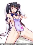  ahegao apron bar_censor black_hair blue_eyes blue_ribbon blush breasts censored dungeon_ni_deai_wo_motomeru_no_wa_machigatteiru_darou_ka gloves heart heart-shaped_pupils hestia_(danmachi) large_breasts long_hair naked_apron nipples pee peeing peeing_self pussy rei_no_himo ribbon solo sweat symbol-shaped_pupils thighs tongue tongue_out translation_request twintails waist_apron white_gloves zero_hime 