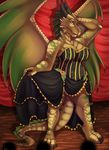  2015 anthro brown_scales claws cleavage clothed clothing curtains dragon dress female flower green_eyes horn kirashlian long_tail looking_at_viewer outfit plant scales scalie shariea solo wings 