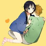  1girl black_hair blue_eyes blush breasts cleavage hetero hug kiss kitashirakawa_tamako light_brown_hair looking_at_viewer medium_breasts messy_hair momose_(oqo) naked_coat neck_kiss ooji_mochizou open_mouth orange_background pants shirt short_hair socks striped striped_legwear tamako_market 