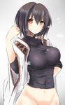  bottomless breasts brown_eyes brown_hair covered_navel edogawa_nao groin highres hyuuga_(kantai_collection) kantai_collection large_breasts looking_at_viewer nontraditional_miko short_hair sketch skin_tight solo sweat undershirt 