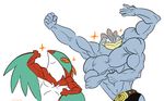  abs alpacapala avian belt bird clothed clothing duo eyes_closed flexing half-dressed hawk hawlucha machamp male muscles nintendo plain_background pok&eacute;mon pose smile topless video_games 