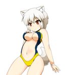  animal_ears bare_arms bare_shoulders belly blush breast_suppress breasts competition_swimsuit frown hitotsubashi_inari inubashiri_momiji large_breasts looking_at_viewer navel one-piece_swimsuit red_eyes revealing_clothes short_hair solo swimsuit tail thighs touhou underboob white_hair wolf_ears wolf_tail wristband 