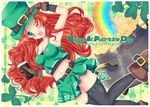  ;) alcohol armpits artist_name beer belt black_legwear blue_eyes breasts brown_gloves cauldron clover coin crop_top dutch_angle freckles gloves guinness_(beer) hat highres leprechaun long_hair medium_breasts midriff miniskirt navel one_eye_closed original rainbow red_hair runawaywithyou saint_patrick's_day skirt smile solo spaghetti_strap strap_gap thighhighs top_hat 