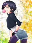  ass big_hero_6 black_hair brown_eyes bubble_blowing chewing_gum cropped_jacket denim denim_shorts gogo_tomago highres looking_back mike_aki multicolored_hair purple_hair short_hair short_shorts shorts smile solo spandex two-tone_hair wristband 