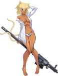  animal_ears ass_visible_through_thighs barefoot blonde_hair blue_eyes bow bow_panties breasts cat_ears cat_tail character_request cleavage dark_skin full_body gun hand_behind_head highres huge_weapon knees_together_feet_apart large_breasts looking_at_viewer messy_hair navel no_bra off_shoulder open_clothes open_shirt original panties pigeon-toed rifle shirt short_hair solo spike_wible standing tail thigh_gap toes transparent_background underwear weapon white_panties 