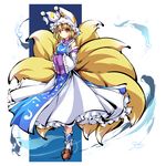  ankle_socks blonde_hair detached_sleeves dress fox_tail frilled_skirt frills full_body hands_in_opposite_sleeves hat light_particles light_smile looking_at_viewer ms06s multiple_tails pillow_hat red_eyes short_hair skirt solo tabard tail tassel touhou two-tone_background yakumo_ran 