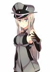  bare_shoulders bismarck_(kantai_collection) blonde_hair blue_eyes detached_sleeves gloves hat kantai_collection long_hair military military_uniform parted_lips peaked_cap simple_background solo uniform white_background yukichi_(eikichi) 