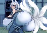  1girl animal_ears ashling_(no-plan) ass bare_shoulders blue_eyes blush breasts cameltoe fox_ears fox_tail from_behind gigantic_breasts huge_ass huge_breasts japanese_clothes kimono long_hair looking_at_viewer lying multiple_tails on_side original sideboob silver_hair smile solo tail 