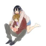  1girl black_hair book brown_hair closed_eyes couple hetero hug hug_from_behind kitashirakawa_tamako long_hair momose_(oqo) ooji_mochizou short_hair tamako_market 