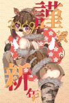  1girl 2019 animal_ears ass ayataka back_cutout bangs bare_shoulders blush boar_ears brown_hair brown_hairband brown_kimono closed_mouth detached_sleeves egasumi eyebrows_visible_through_hair fang fang_out floral_background from_side fur-trimmed_legwear fur-trimmed_sleeves fur_collar fur_trim hairband highres japanese_clothes kimono leaning long_sleeves looking_at_viewer looking_to_the_side motion_lines obi original print_legwear purple_eyes round_eyewear sash short_hair short_kimono smile solo tail wide_sleeves 