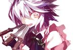  blurry bow cinkai clock_eyes dagger frills heterochromia izayoi_sakuya looking_at_viewer mouth_hold puffy_sleeves short_hair silver_hair simple_background solo symbol-shaped_pupils tongue tongue_out touhou upper_body vest weapon white_background 