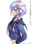  alternate_breast_size breasts crescent crescent_hair_ornament from_side hair_ornament kantai_collection long_sleeves looking_at_viewer mataichi_mataro medium_breasts neckerchief older profile purple_eyes purple_hair sailor_collar school_uniform serafuku short_hair_with_long_locks simple_background solo translation_request twitter_username upper_body white_background yayoi_(kantai_collection) 