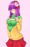  alternate_costume blush breasts cleavage cleavage_cutout flower hair_flower hair_ornament hazuki_kyou hieda_no_akyuu highres large_breasts looking_at_viewer meme_attire older open-chest_sweater purple_eyes purple_hair ribbed_sweater short_hair simple_background skirt smile solo sweater touhou turtleneck 