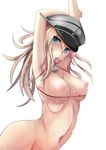  armpits arms_up bismarck_(kantai_collection) blonde_hair blue_eyes breasts commentary_request condom condom_in_mouth hat highres kantai_collection large_breasts long_hair looking_at_viewer mouth_hold nipples nude peaked_cap rei_no_himo shinta_(the-mattyaman) smile solo sweat 