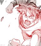  1boy annoyed blurry clenched_hands depth_of_field dougi dragon_ball dragon_ball_super fighting_stance floating frown fukuko_fuku greyscale looking_away male_focus monochrome open_mouth red rock serious short_hair simple_background son_gokuu spiked_hair teeth twitter_username upper_body white_background wristband 