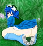  anus ass backpack bag blush boots censored flower grass hair_ornament hat highres kawashiro_nitori looking_at_viewer mitsuwo no_panties pussy solo thick_thighs thighs touhou 