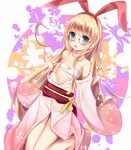  amae_koromo bandages barefoot blonde_hair blue_eyes flat_chest glasses hyu_pin japanese_clothes kimono leg_lift long_hair off_shoulder ribbon saki sarashi solo thigh_gap 