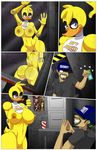  2015 animatronic anthro areola avian beak bib big_breasts bird breasts butt chica_(fnaf) chicken comic duo female five_nights_at_freddy&#039;s glass grin happy human looking_at_viewer machine male male/female mammal mechanical mike_schmidt nipples on_glass presenting presenting_breasts presenting_hindquarters purple_eyes pussy rear_view robot security_guard smile thegeckodemon video_games yellow_feathers 