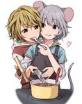  animal_ears apron blonde_hair brown_eyes brown_hair feeding food grey_hair heart jpeg_artifacts knife long_sleeves looking_at_another mouse_ears mouse_tail multicolored_hair multiple_girls nazrin no_headwear parted_lips pot red_eyes shirt short_hair simple_background smile spoon tail toramaru_shou touhou toujou_(toujou_ramen) two-tone_hair vest white_background yuri 