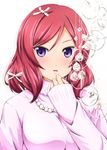  bangs beads bow diesel-turbo hair_bow jewelry love_live! love_live!_school_idol_project necklace nishikino_maki parted_lips purple_eyes red_hair short_hair sleeves_past_wrists solo swept_bangs turtleneck upper_body white_background 