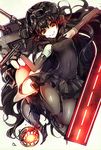  black_dress black_gloves black_hair bodystocking bonnet dress elbow_gloves gloves glowing glowing_eyes gothic_lolita horns isolated_island_oni itou_nanami kantai_collection lolita_fashion long_hair looking_at_viewer machinery pale_skin pantyhose red_eyes shinkaisei-kan smile solo very_long_hair 