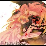  1girl bare_shoulders black_dress blonde_hair blue_eyes boots bow cloak detached_sleeves dress gimmick-asahi gloves hyakuya_mikaela krul_tepes long_hair military military_uniform owari_no_seraph pink_hair pointy_ears red_eyes ribbon short_hair smile thighhighs uniform vampire white_gloves 