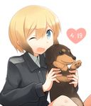  ;d animal birthday blonde_hair blue_eyes bob_cut brown_hair dachshund dog erica_hartmann gradient_hair heart holding holding_animal kinosaki_(green_patio) long_sleeves military military_uniform multicolored_hair one_eye_closed open_mouth short_hair simple_background smile solo strike_witches uniform white_background world_witches_series 