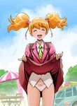  ^_^ absurdres blonde_hair blush bow bow_panties closed_eyes day facing_viewer fresh_precure! highres jacket misogram momozono_love necktie open_mouth orange_hair outdoors panties pink_jacket pink_skirt pinky_out plaid plaid_panties precure public_yotsuba_middle_school_uniform school_uniform shirt short_hair skirt skirt_lift solo striped striped_neckwear twintails underwear white_shirt 