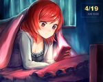  bed_sheet breasts cellphone cleavage commentary curtains dated highres long_sleeves love_live! love_live!_school_idol_project lying medium_breasts nishikino_maki nunna on_bed phone pillow purple_eyes red_hair short_hair smartphone solo staring window 
