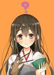  ? akagi_(kantai_collection) aozora_nan bad_id bad_pixiv_id bowl brown_eyes brown_hair chopsticks food food_on_face gloves highres japanese_clothes kantai_collection long_hair muneate rice rice_bowl rice_on_face smile solo 