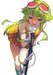  bare_shoulders dress gloves goggles goggles_on_head green_eyes green_hair gumi highres leaning_forward long_hair microphone microphone_stand pine_(yellowpine112) short_hair_with_long_locks sidelocks smile solo vocaloid white_background white_gloves 