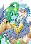  ;d ahoge blue_hair blue_skin blue_wings feathered_wings feathers goo_girl green_eyes green_hair harpy highres long_hair looking_at_viewer monster_girl monster_musume_no_iru_nichijou multiple_girls off_shoulder one_eye_closed open_mouth papi_(monster_musume) raincoat short_shorts shorts shun_no_shun smile solid_eyes spread_legs suu_(monster_musume) talons tentacle_hair very_long_hair wings yellow_eyes 