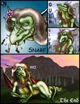  2001 anthro blue_eyes brown_hair claws clothed clothing comic dragon duo english_text female flower footwear green_scales hair horn human licking licking_lips long_hair male mammal markie nude open_mouth outside plant saliva sandals scalie size_difference slit_pupils swallowing sword teeth text toe_claws tongue tongue_out tree vore weapon wings yellow_scales 