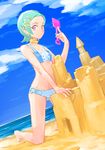  aqua_hair barefoot beach bikini choker dutch_angle eureka eureka_seven eureka_seven_(series) flat_chest grin hair_ornament hairclip kneeling looking_at_viewer ocean orz_(orz57) purple_eyes sand_castle sand_sculpture short_hair shovel smile solo swimsuit 