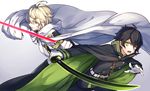  ahoge belt black_hair blonde_hair blue_eyes boots cloak double-breasted fang green_eyes hyakuya_mikaela hyakuya_yuuichirou male_focus military military_uniform multiple_boys open_mouth owari_no_seraph sword thigh_boots thighhighs uniform vampire weapon yonakaforever 