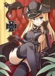  anchor armchair bare_shoulders bismarck_(kantai_collection) blonde_hair blush breasts cat chair character_name chin_rest crossed_legs detached_sleeves gloves grey_legwear hair_between_eyes hat impossible_clothes iron_cross kantai_collection large_breasts long_hair looking_at_viewer military military_hat military_uniform oota_yuuichi peaked_cap sideboob sitting smile solo thighhighs uniform unsinkable_sam 