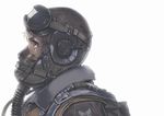  backlighting black_eyes blonde_hair bomber_jacket commentary goggles goggles_on_head helmet jacket mask military military_uniform original parachute pilot portrait profile siqi_(miharuu) soldier solo uniform us_army world_war_ii 