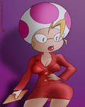  big-e6 blueafternoon breasts cleavage clothed clothing eyewear female glasses jolene lips lipstick mario_bros mushroom nintendo paper_mario plain_background skirt solo standing suit video_games 