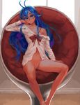  antenna_hair barefoot blue_eyes blue_hair bottomless chair denpa_onna_to_seishun_otoko doyora egg_chair flat_chest lips long_hair looking_at_viewer naked_shirt navel no_panties off_shoulder pussy shirt sitting smile solo touwa_erio uncensored 