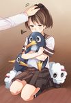  admiral_(kantai_collection) brown_eyes brown_hair brown_legwear brown_skirt covering_mouth eno_yukimi failure_penguin hand_on_another's_head high_ponytail kantai_collection miss_cloud neckerchief no_shoes petting pleated_skirt ponytail sailor_collar school_uniform seiza serafuku shikinami_(kantai_collection) sitting skirt squiggle tears wooden_floor 