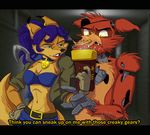  ? animatronic anthro belt bra breasts canine carmelita_fox clothed clothing collar crossover dialogue ear_piercing english_text eye_patch eyewear female five_nights_at_freddy&#039;s fox foxy_(fnaf) fur gloves gun hair half-closed_eyes hook jacket long_hair looking_back looking_down machine male mammal mechanical navel nude pants piercing pirate question ranged_weapon robot sharp_teeth sly_cooper_(series) standing teeth text underwear video_games weapon xnirox 